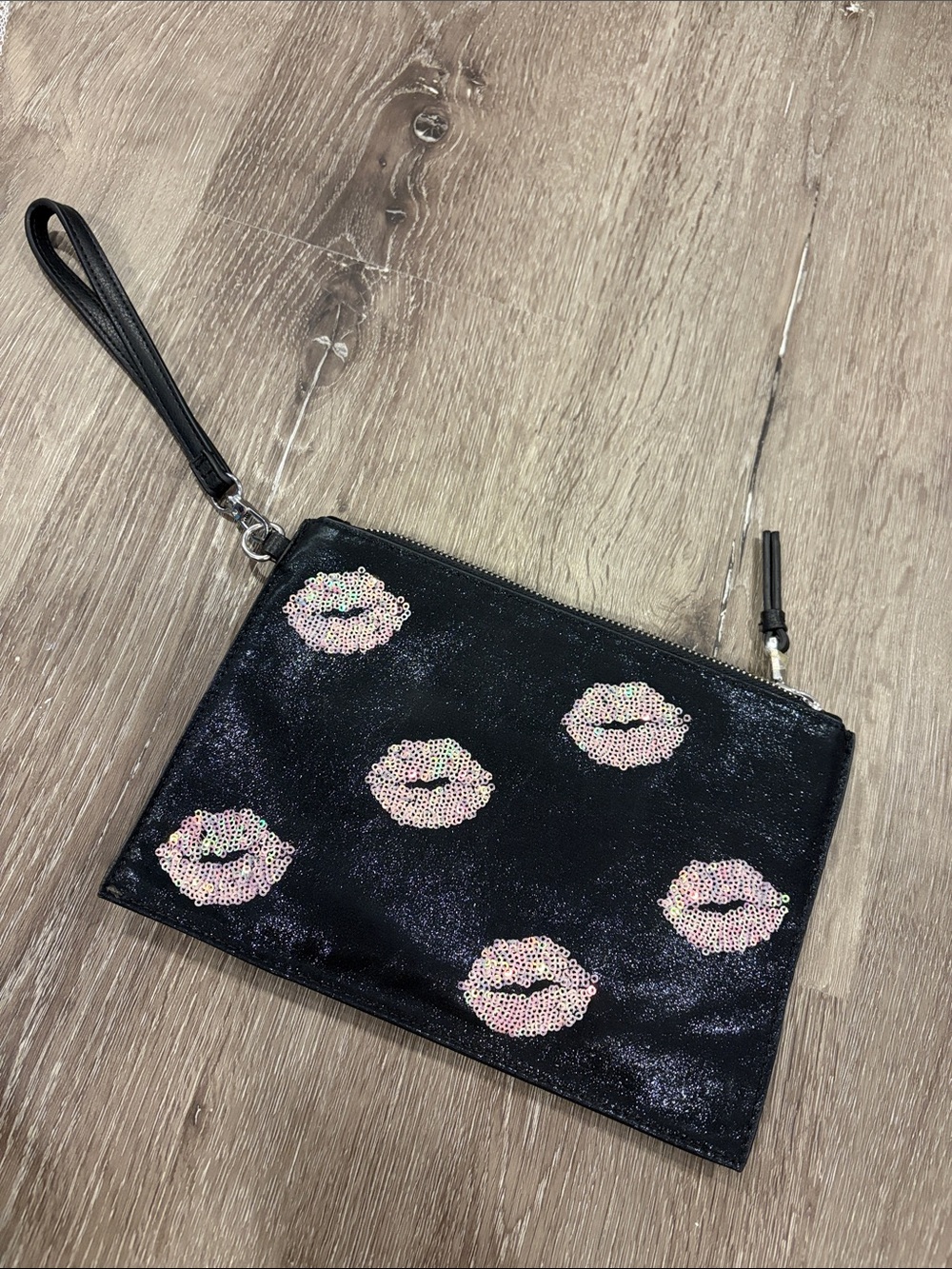 INC International Concepts Black Wristlet Clutch with Pink Sequin Lip Appliqués